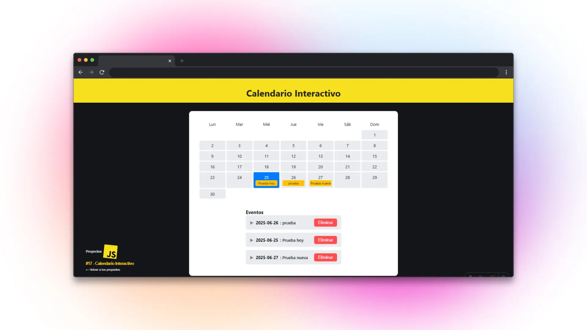 Captura de pantalla del proyecto Calendario Interactivo