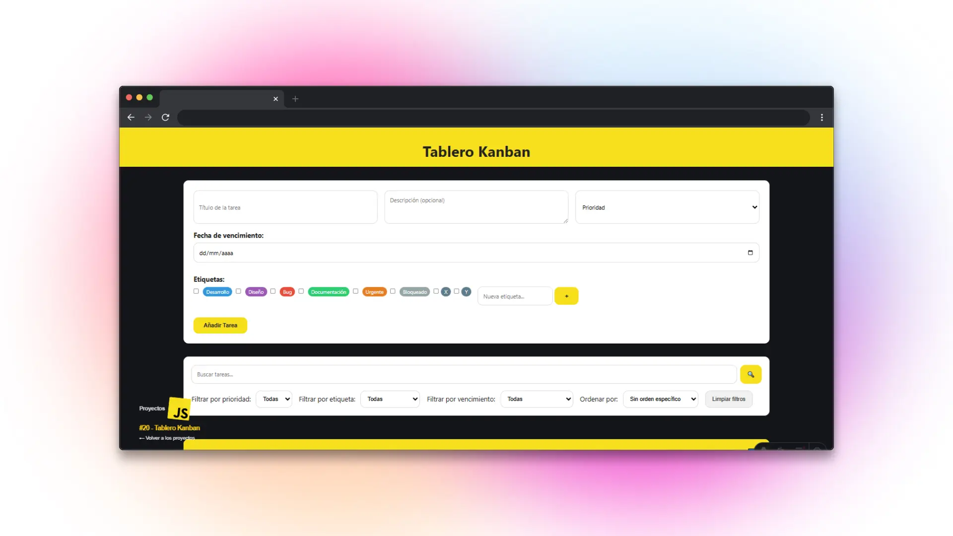 Captura de pantalla del proyecto Tablero Kanban