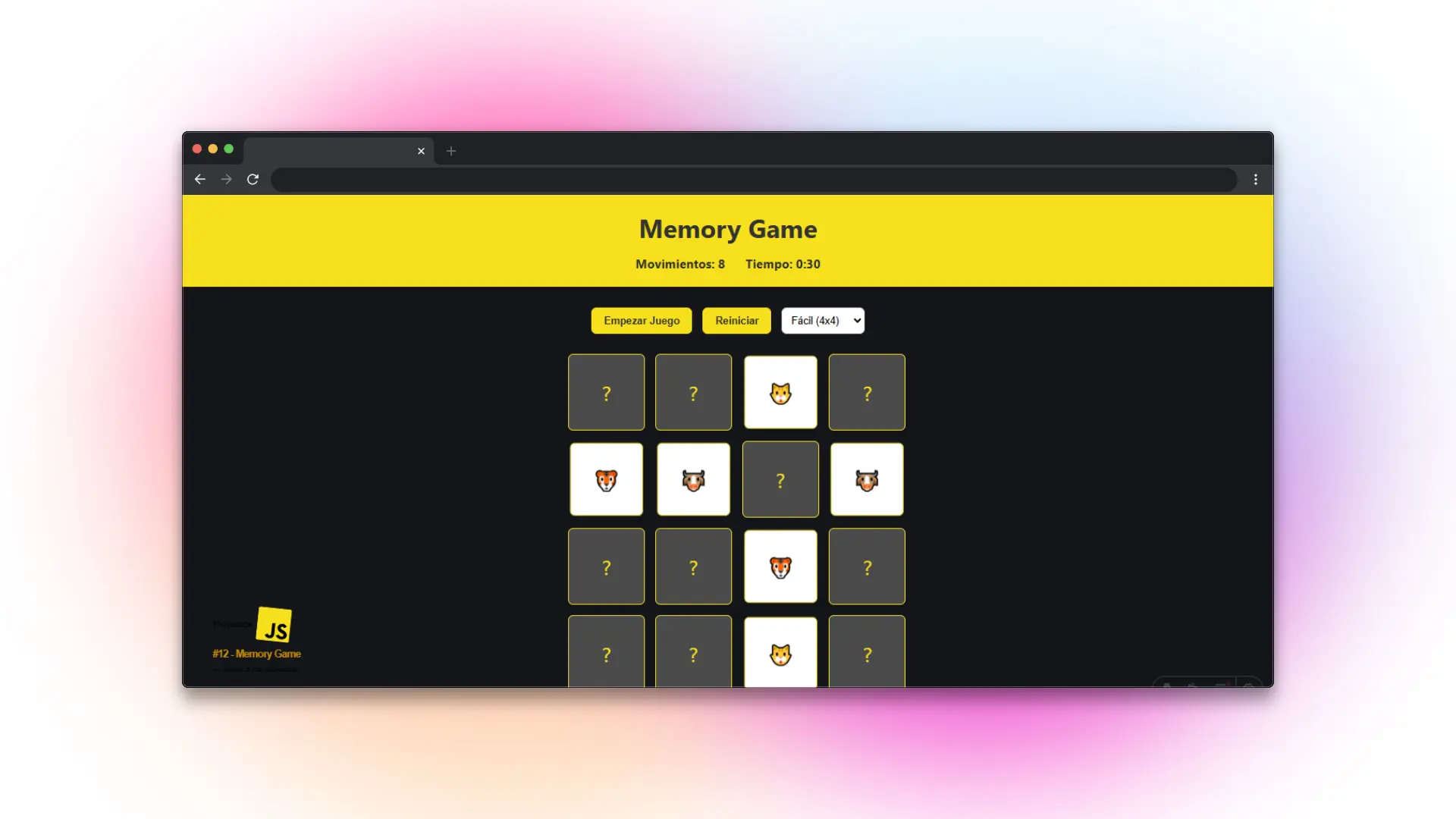 Captura de pantalla del proyecto Memory Game
