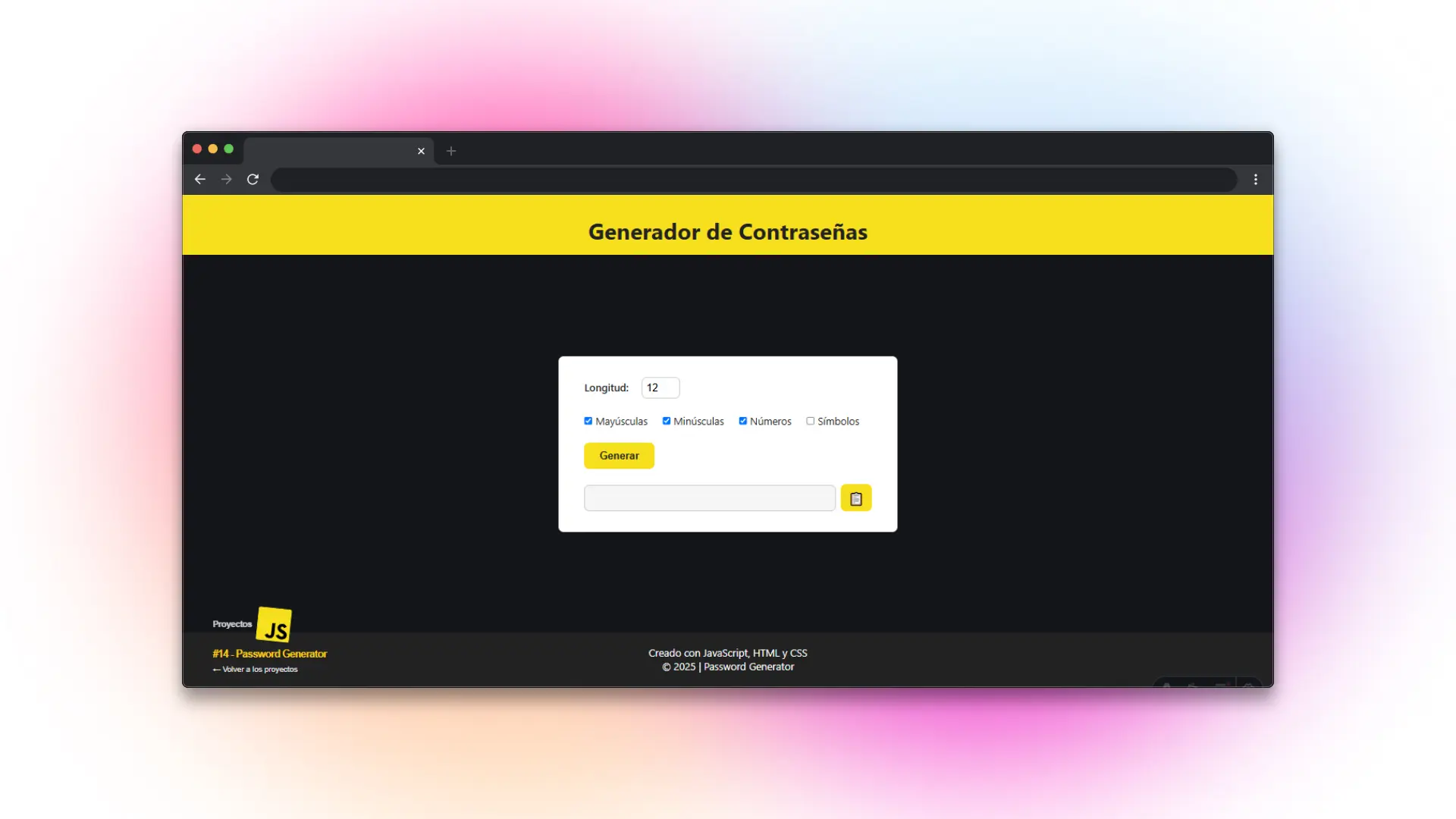 Captura de pantalla del proyecto Password Generator
